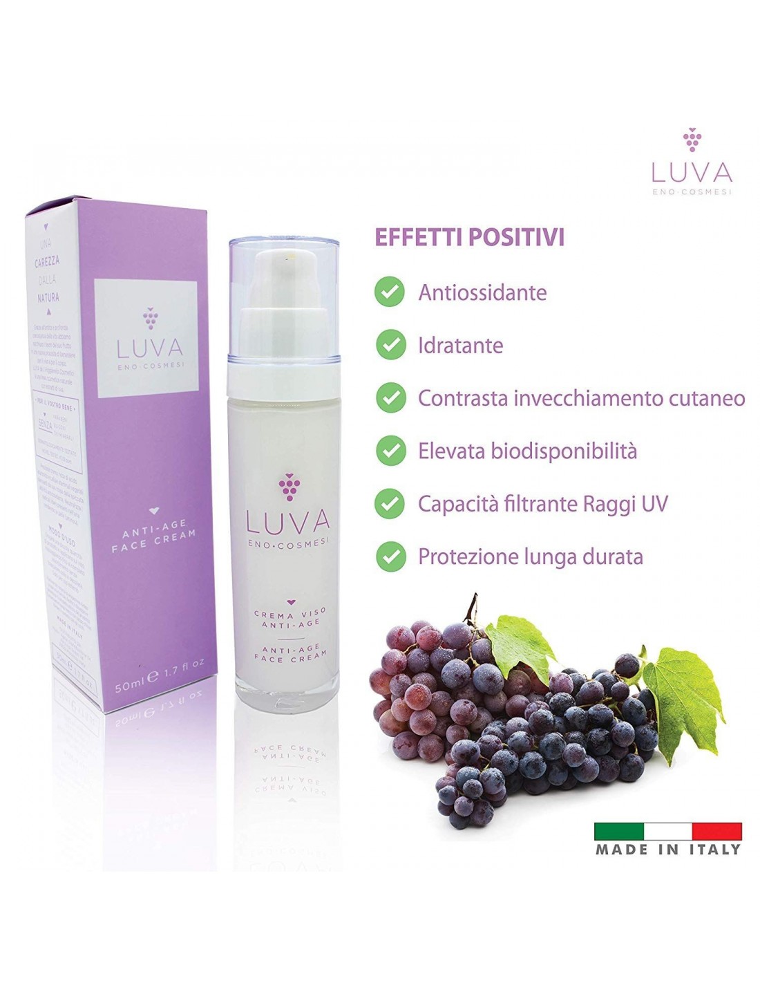 LUVA Crema Viso Collo Antirughe 50ml Naturale Acido Ialuronico Olio Jojoba Burro Karite Idratante Antiage 100% Made In Italy